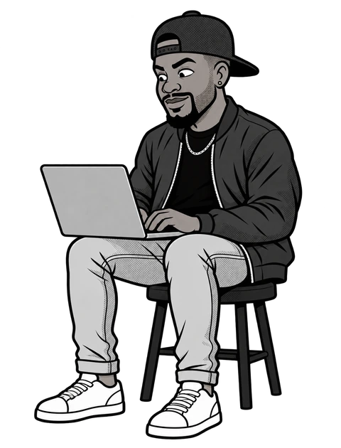 Illustration of Jason sitting with a laptop.