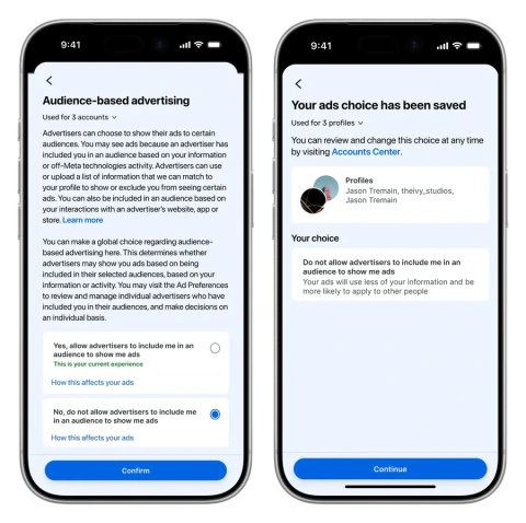 Meta's audience-based advertising choice and confirmation screens.