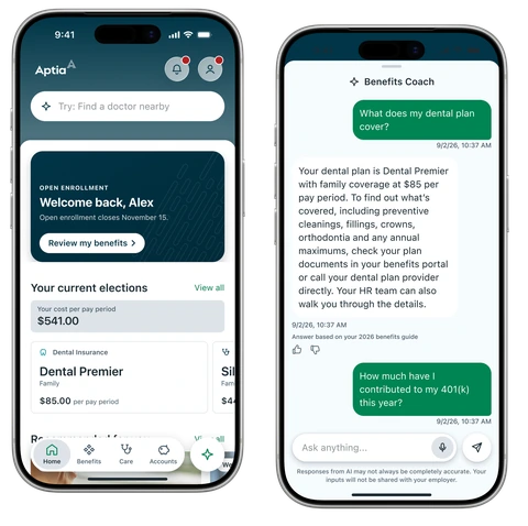 The current AptiaOne mobile Home and Benefits Coach conversation on two silver phones.