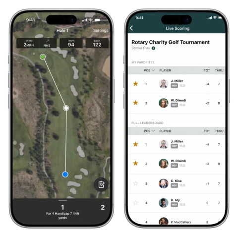 Compete's golf GPS and live scoring screens.