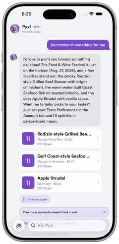 WDW Planner's Pyxi chat, with dish recommendations from the catalog.