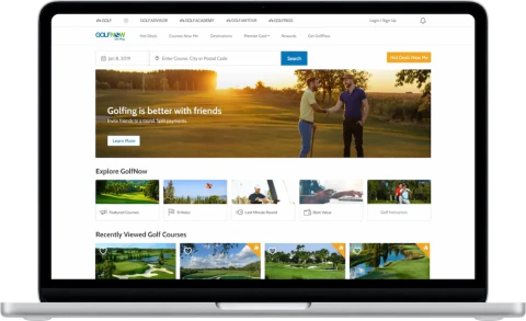 GolfNow's tee-time booking website in a silver laptop.