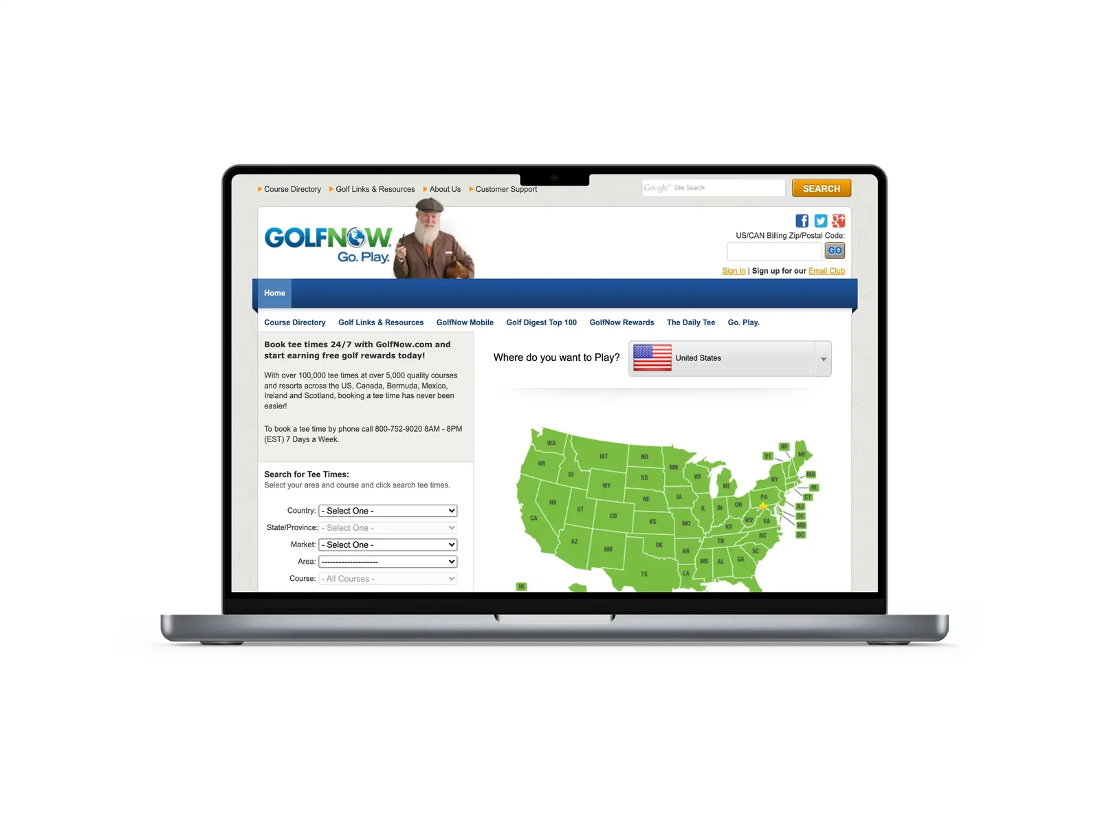 The earlier GolfNow website, before the mobile-first redesign.