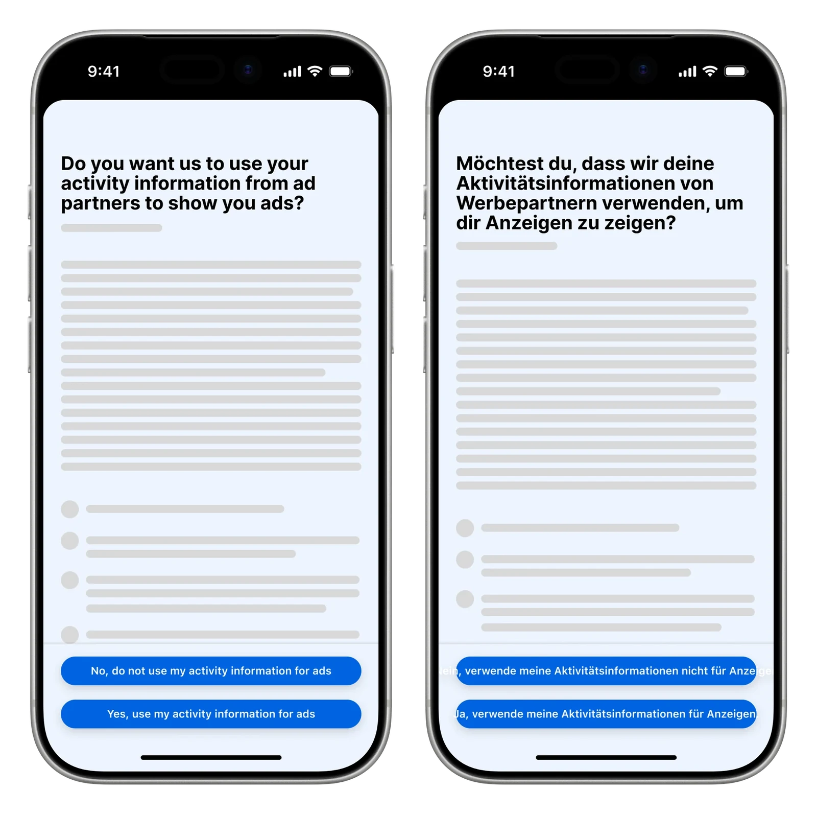 Version 1. The polar question is the headline and two equal buttons answer it. Our design system always paired a primary button with a secondary one, so equal buttons would have been a one-off. It also broke in German, where the longer strings didn't fit.