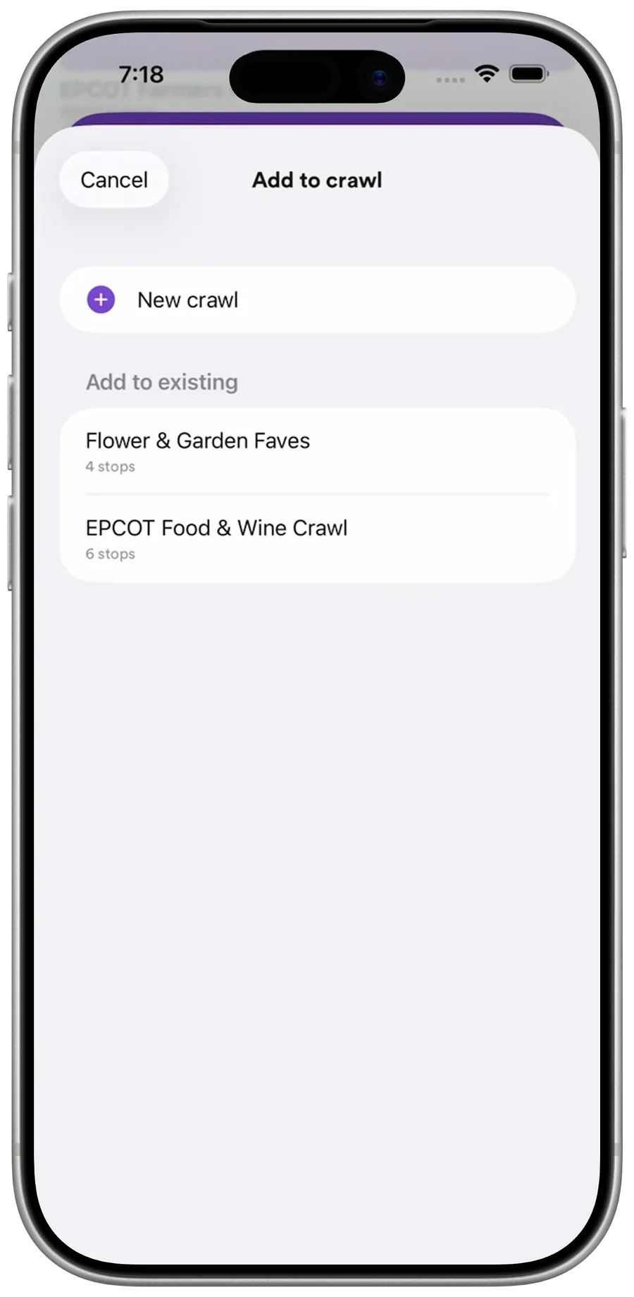 Add to crawl screen with options to start a new crawl or add to existing crawls like Flower and Garden Faves and EPCOT Food and Wine Crawl.