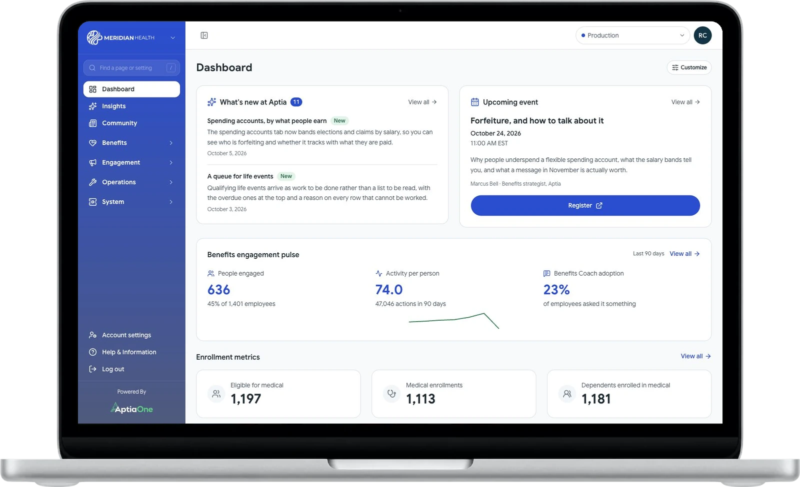 Command Center shows benefits engagement and enrollment figures in the prototype.