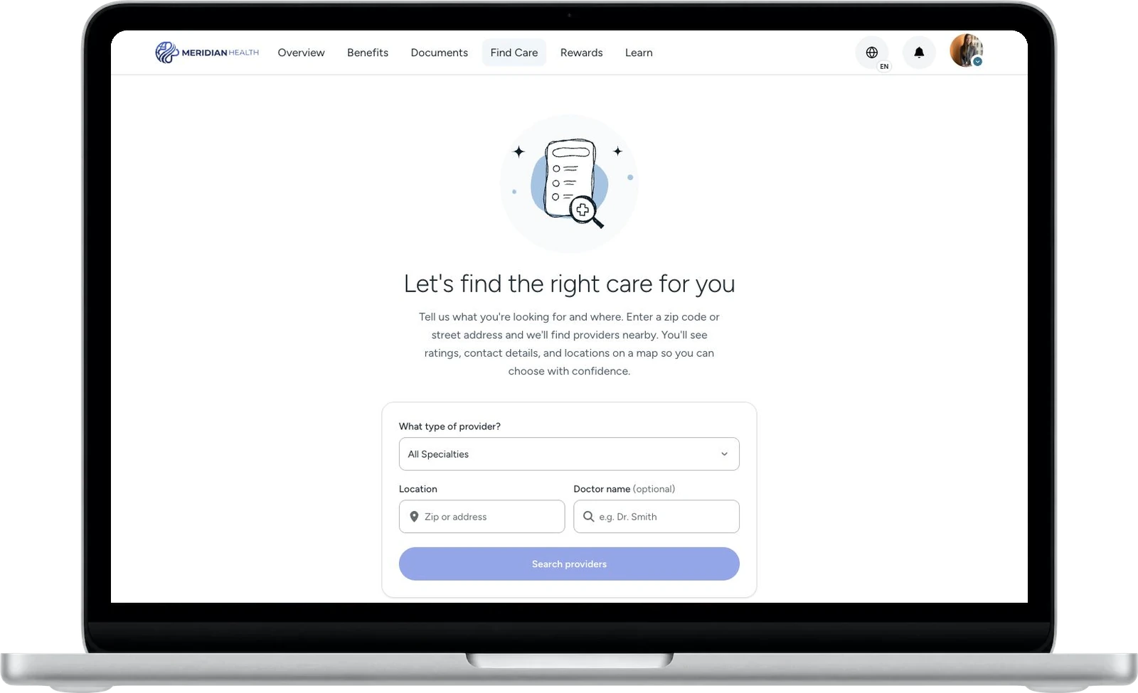 Find Care asks for a specialty, location and optional doctor name.
