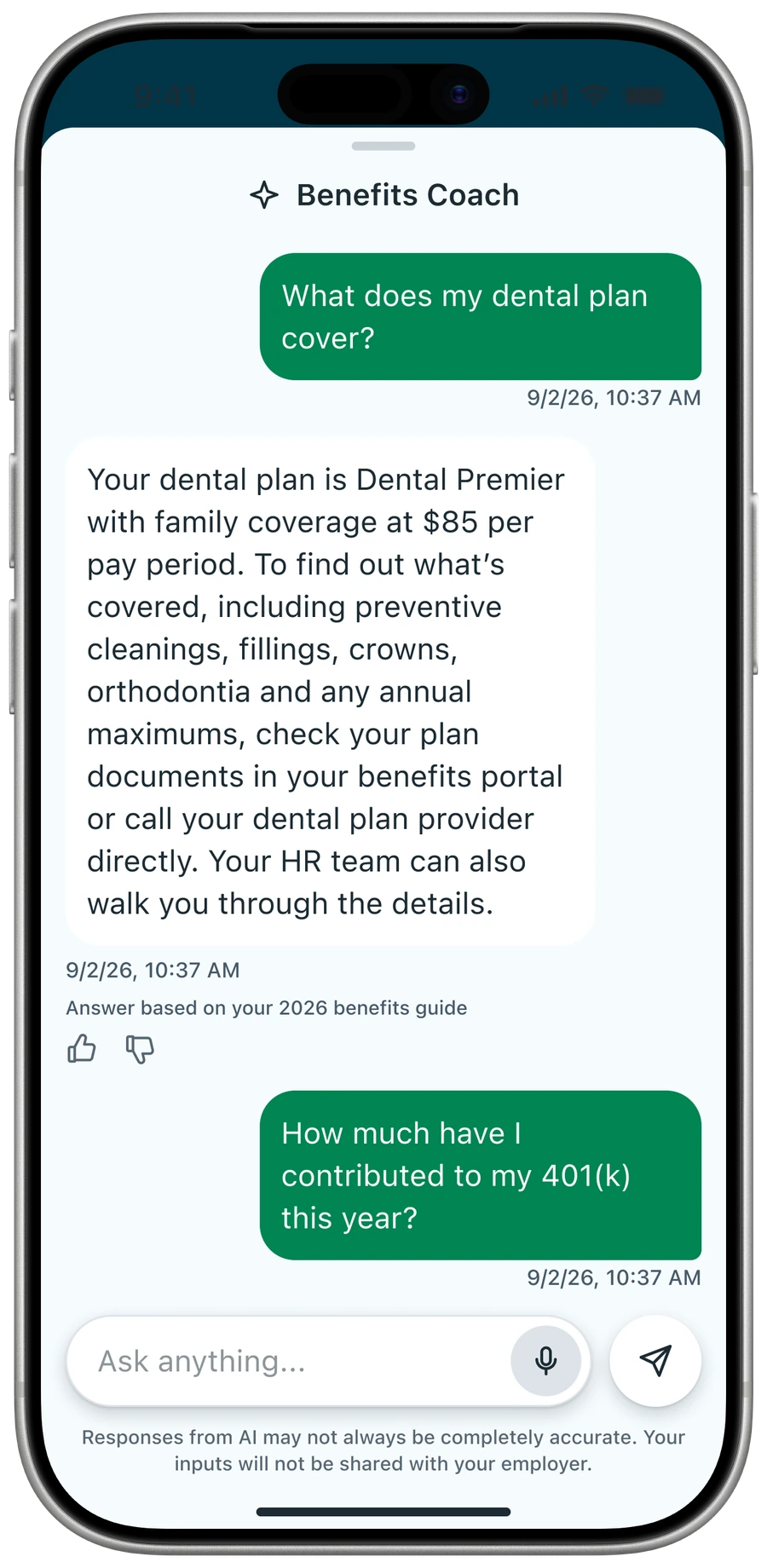 Benefits Coach conversation about dental coverage and retirement contributions.