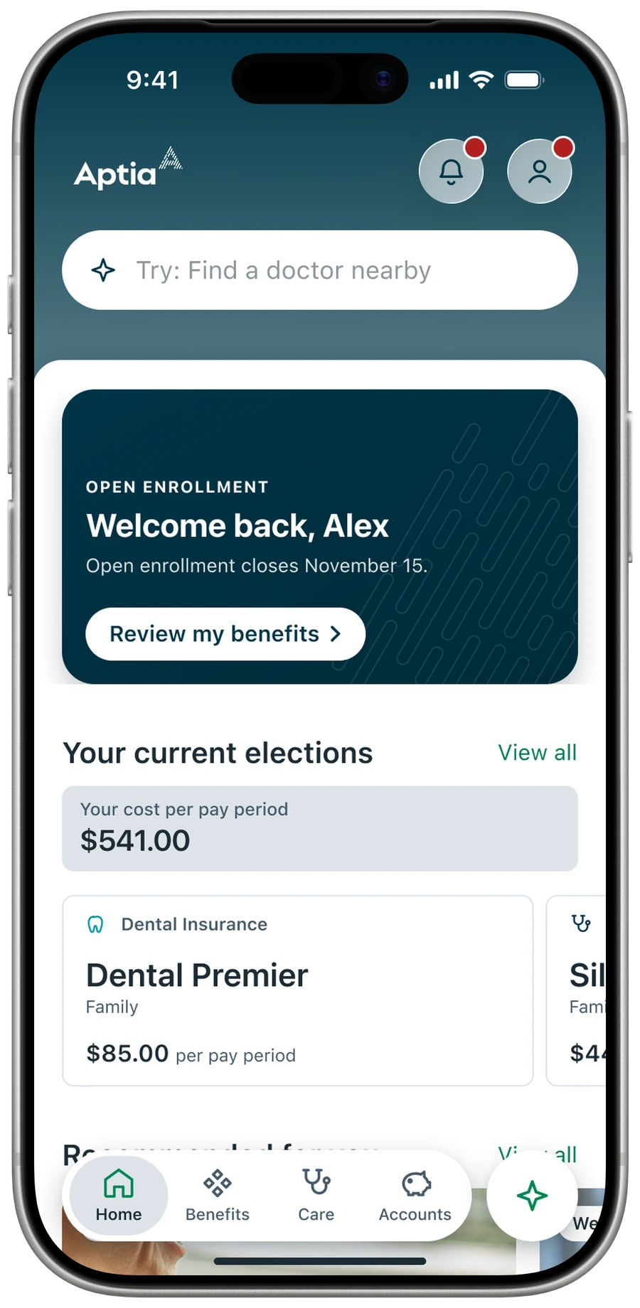 AptiaOne mobile Home with Benefits Coach, an open enrollment reminder and current elections.