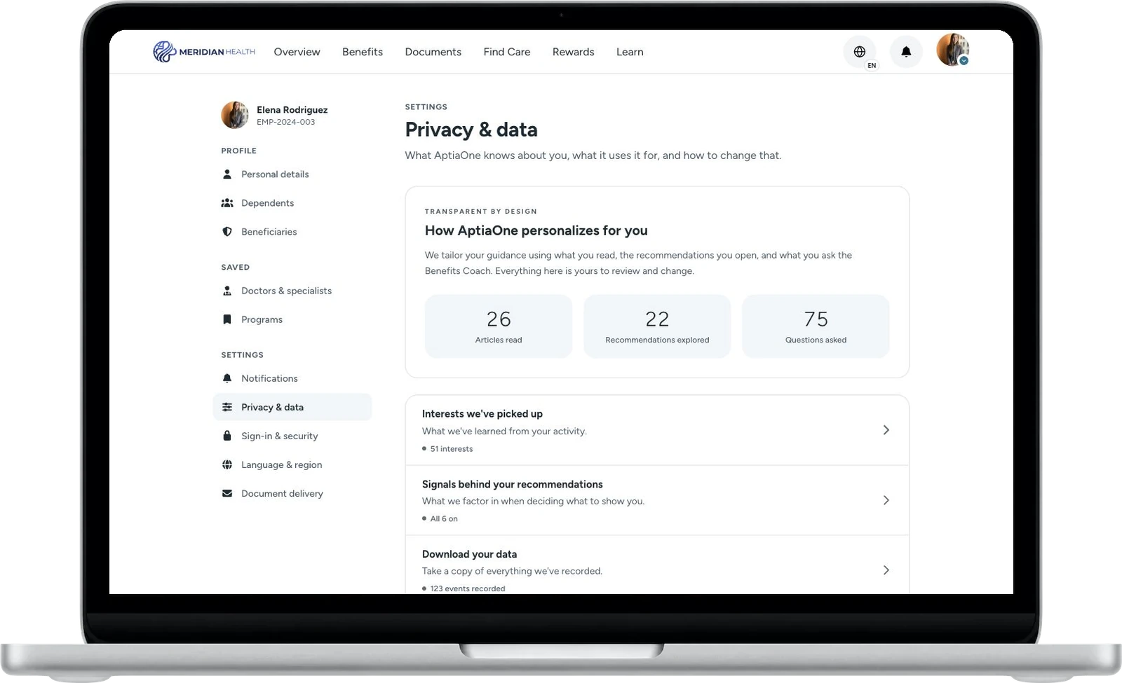 Privacy and data settings show activity, inferred interests and recommendation signals.