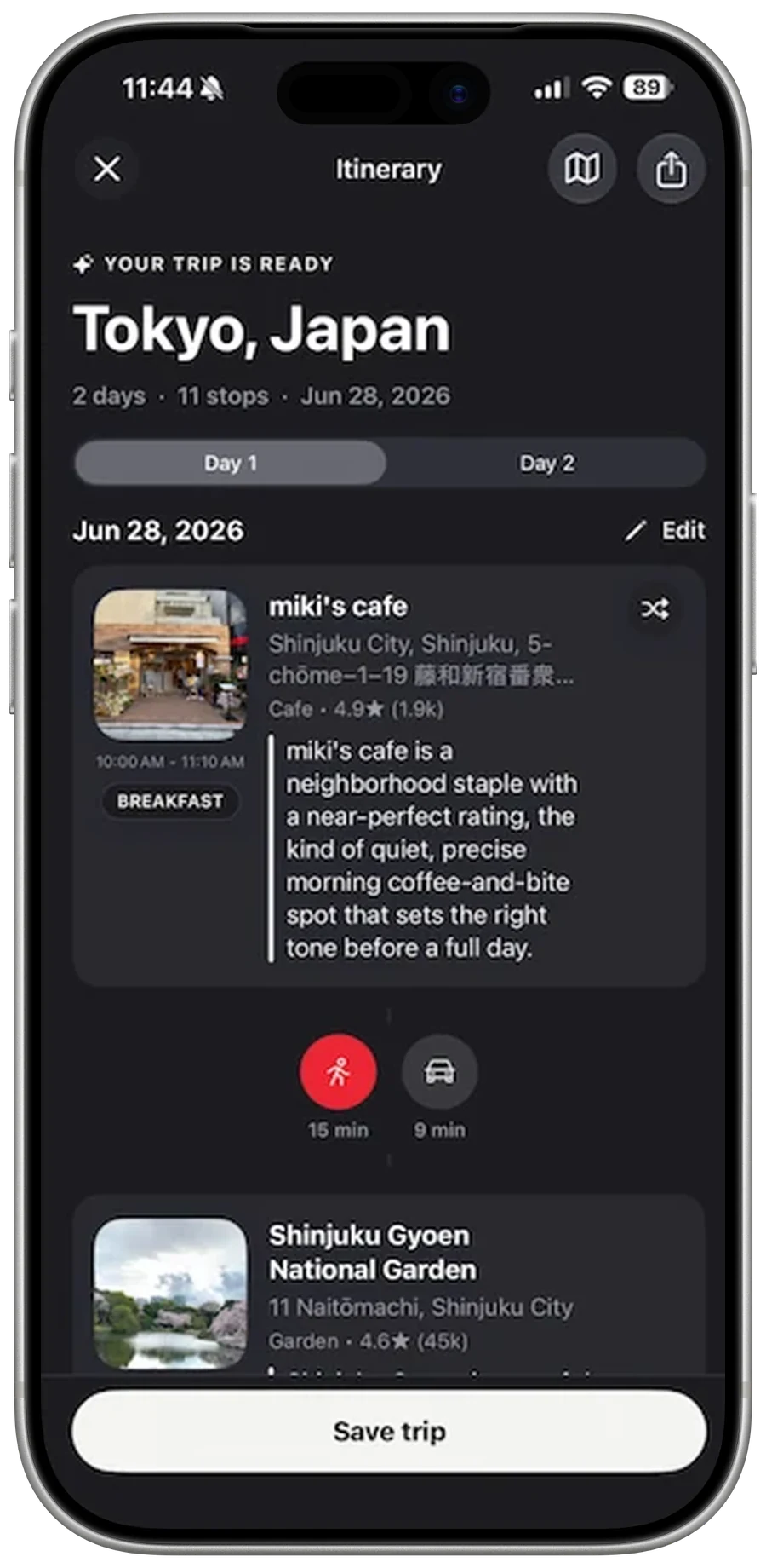 CityBites day-by-day itinerary with timed stops and travel times between them