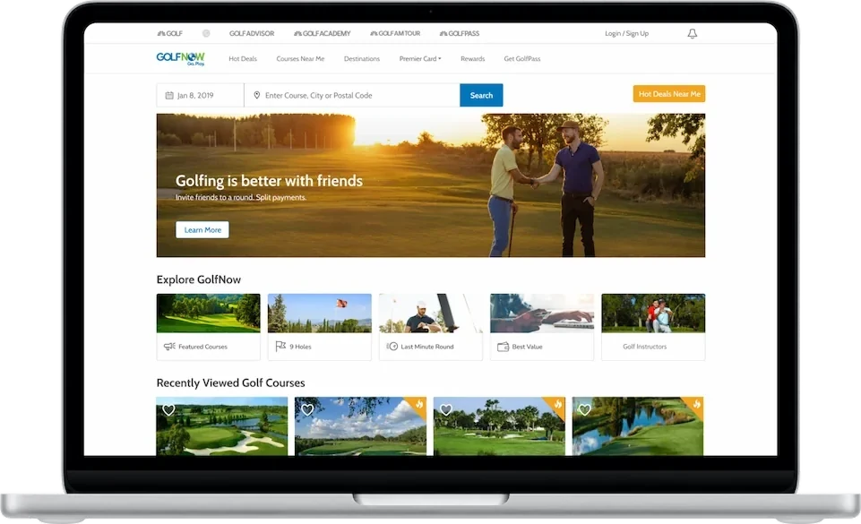 The redesigned GolfNow website in a silver laptop.