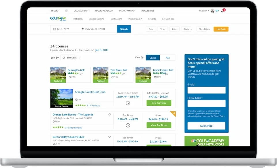Course search results in a laptop, listing 34 courses for Orlando with tee times, prices, ratings, and filters.