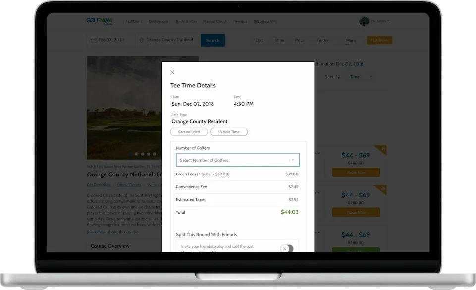 A tee-time detail screen in a laptop, showing the selected time, player count, what is included, and the price.