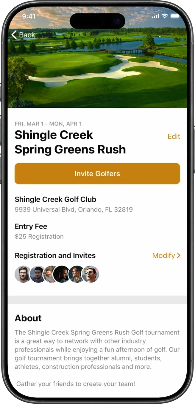 Competition detail screen for the Shingle Creek Spring Greens Rush, with an Invite Golfers button, entry fee, and registration list.