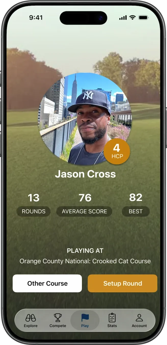 Player profile screen showing handicap, rounds played, average and best scores, and the course being played today.