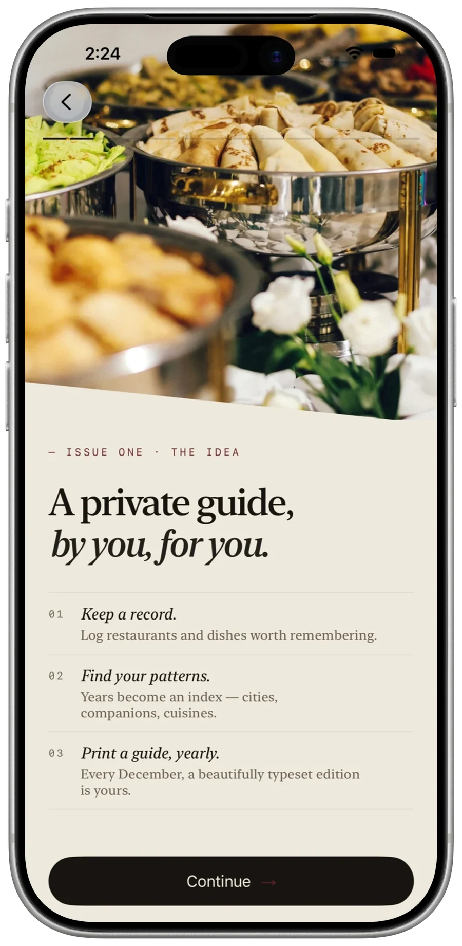 Palate onboarding screen explaining three principles: keep a record, find your patterns, print a guide.