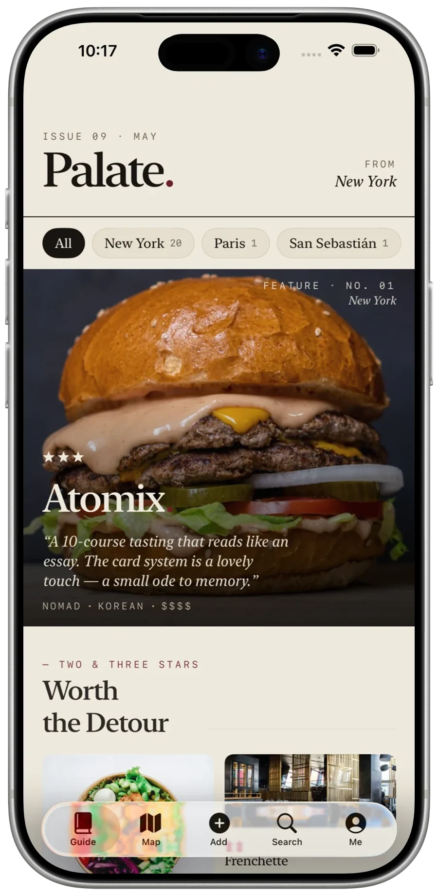 Palate Guide screen with a magazine-style masthead, city filters, and a featured Atomix entry with a three-star rating.