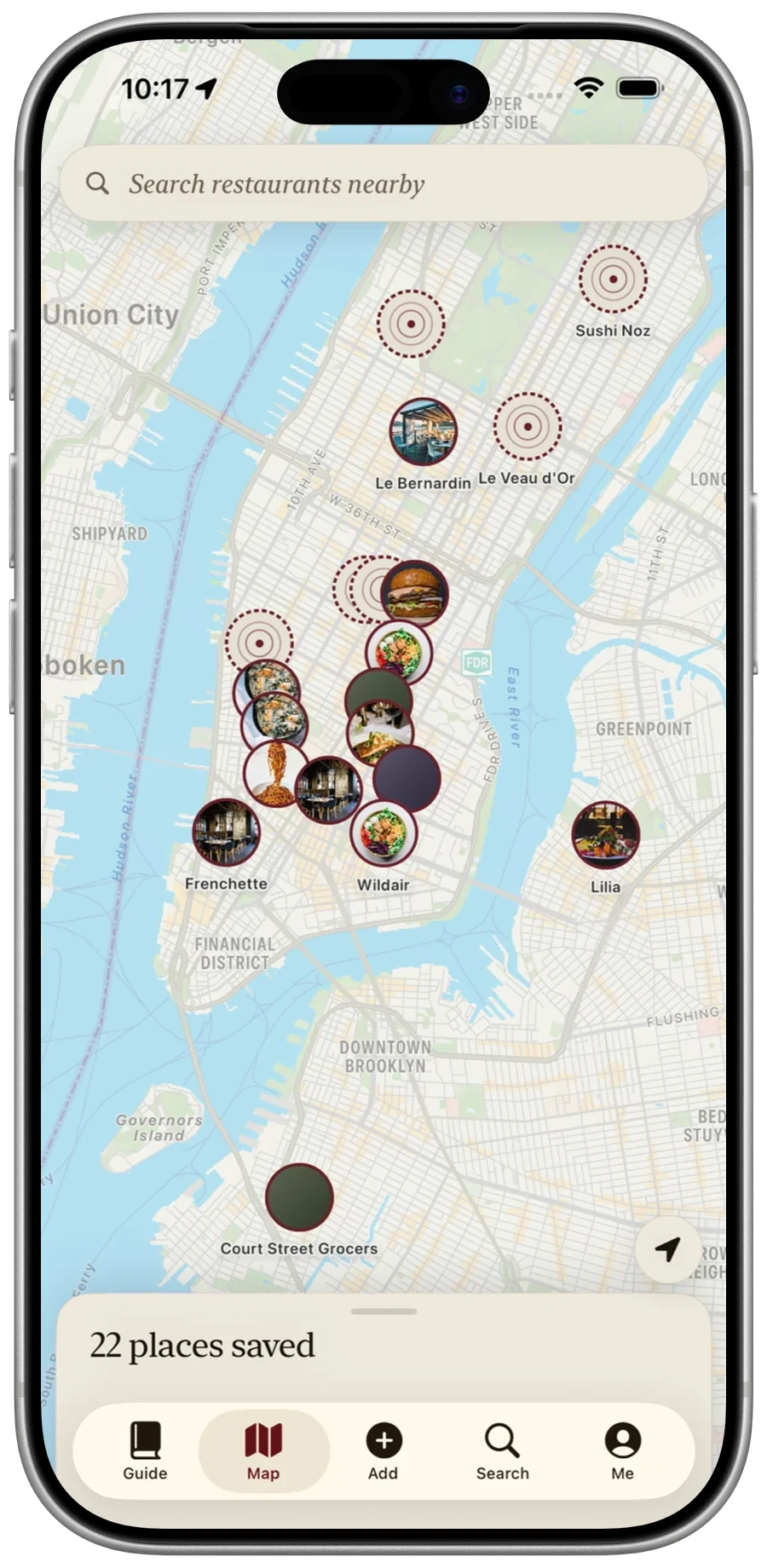 Palate Map screen showing 22 saved restaurants across New York City, each marked by tier.