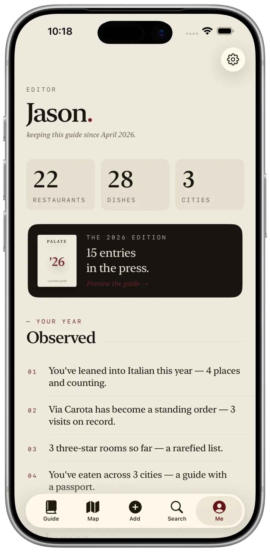 Palate profile screen showing stats (22 restaurants, 28 dishes, 3 cities), an annual guide preview card, and personalized observations.